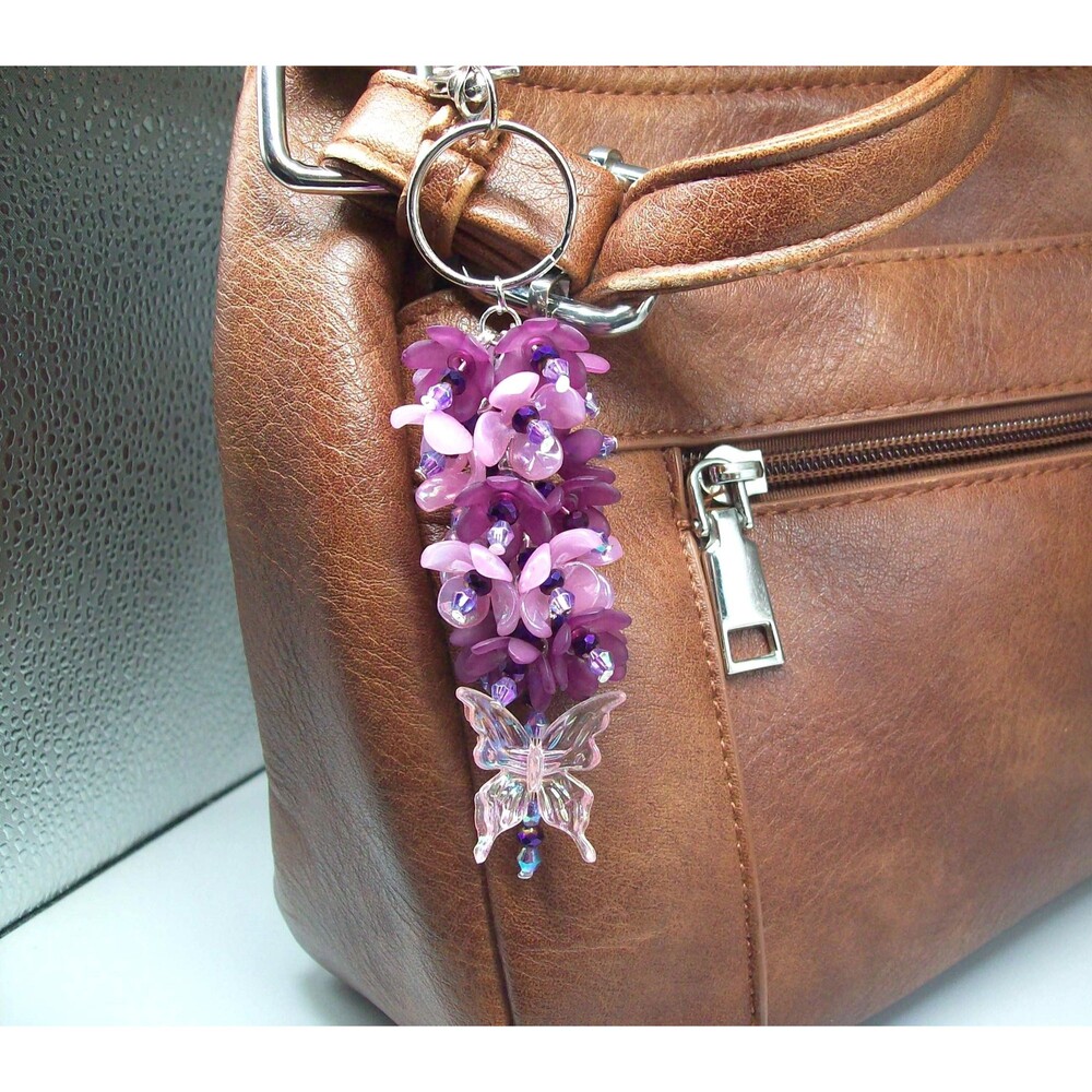 Hand Beaded Floral Purse Charm, Handbag Charms, Butterfly Keychain, Artisan Craf